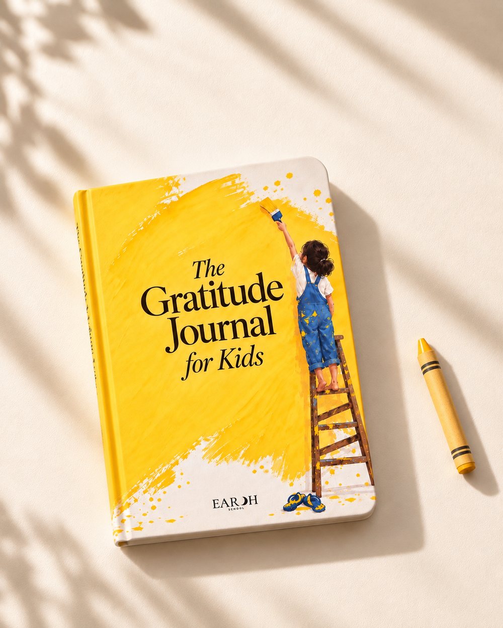 The Gratitude Journal for Kids resting on a cream surface beside a yellow crayon