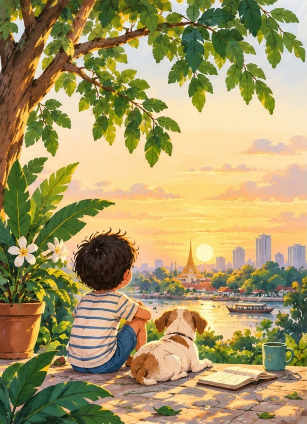 A boy and his dog watching the sunset over Bangkok