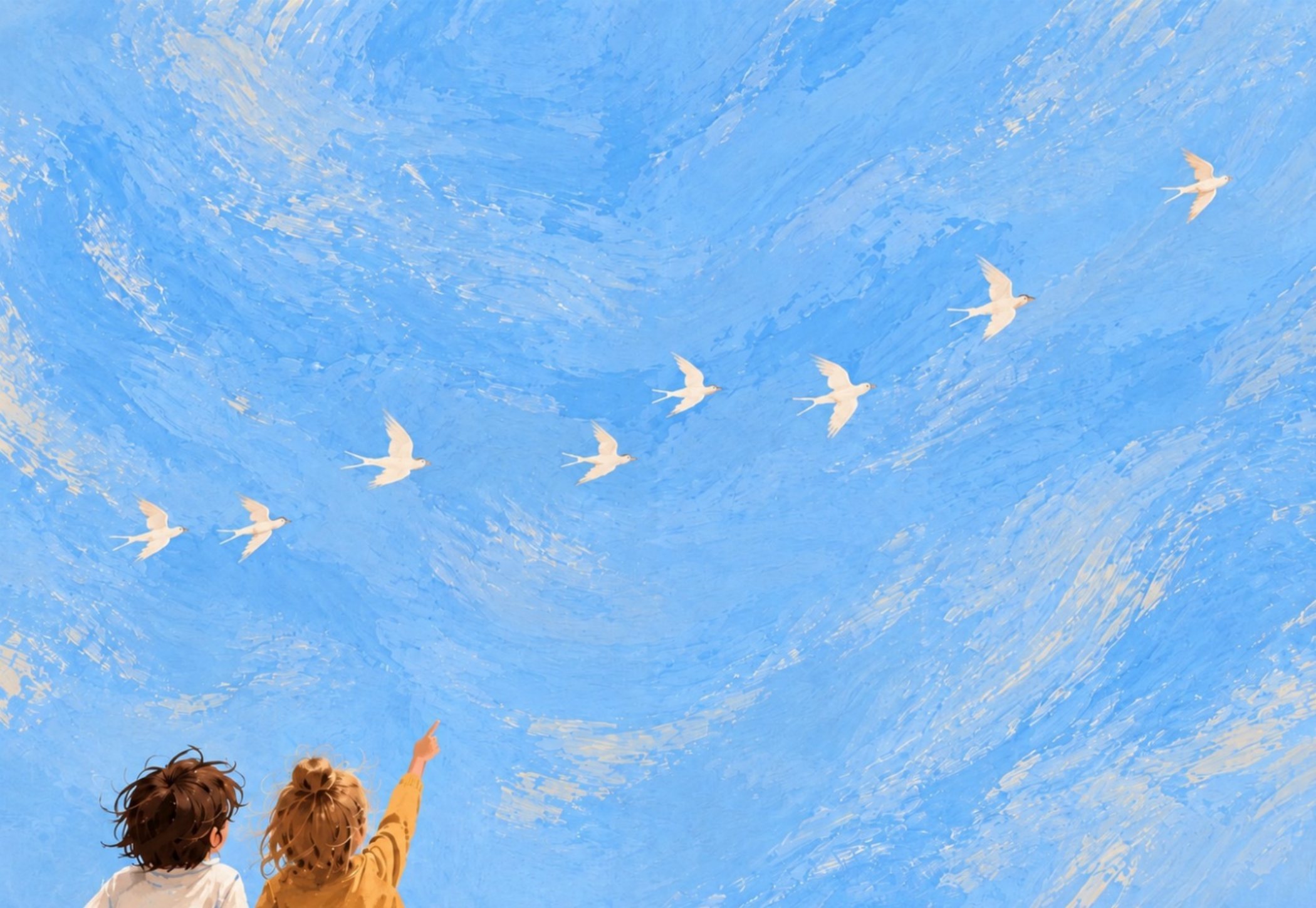 Two children pointing at birds flying across a bright blue sky