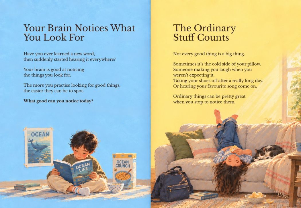 A spread from the journal: Your brain notices what you look for